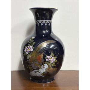 Vintage Japanese Vase‎ Cobalt Blue Porcelain Peacock & Floral Design 12" Marked